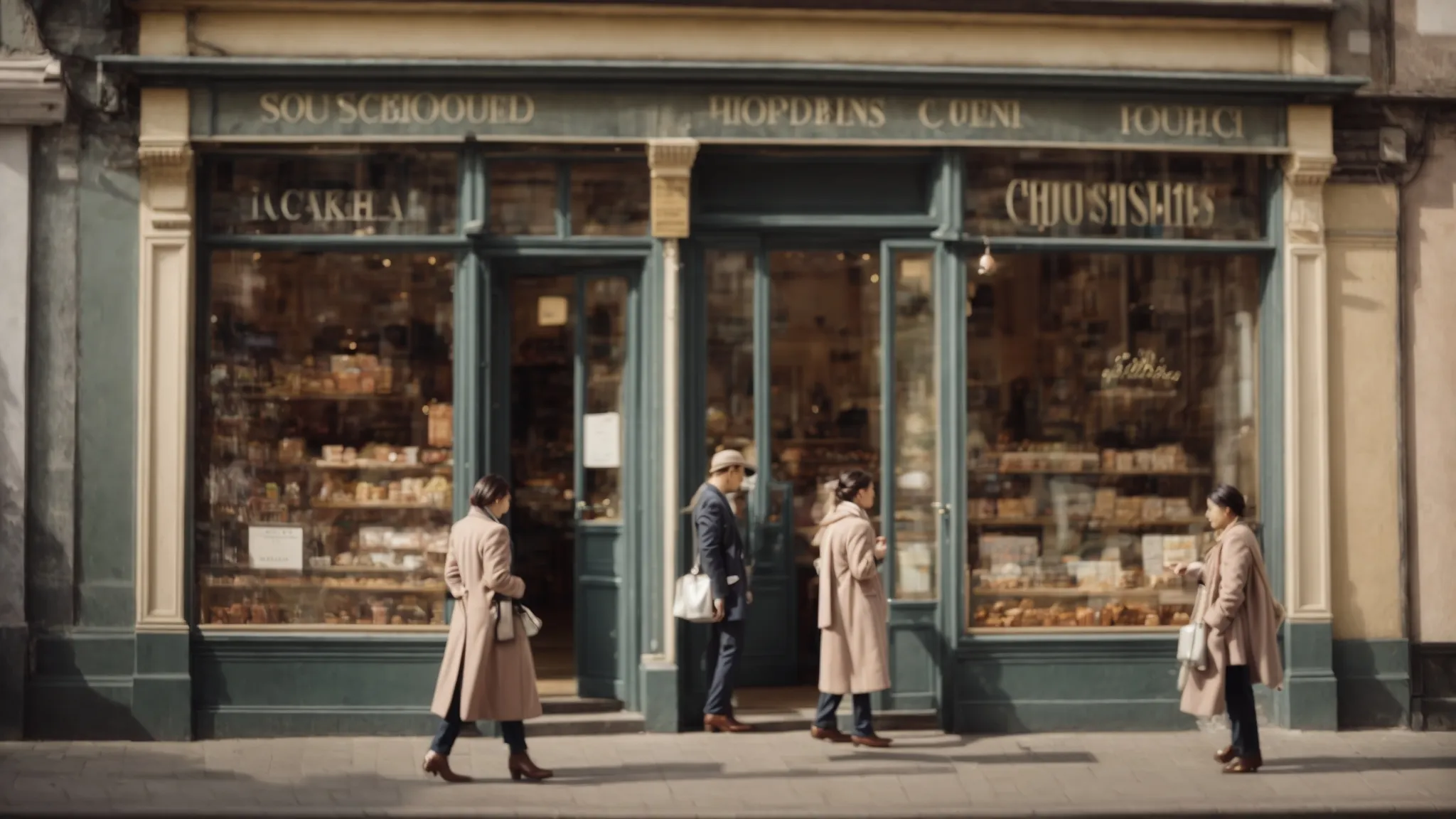 a bustling shopfront with a satisfied customer highlighting a thumbs-up gesture outside.