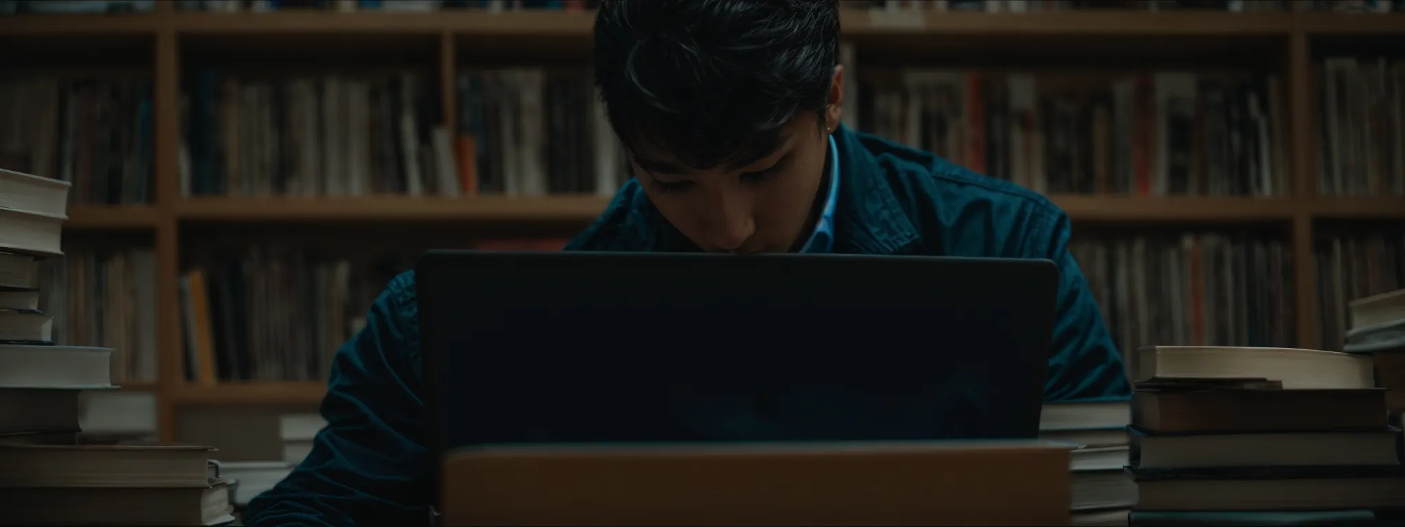 a focused individual types intently on a laptop, surrounded by an array of marketing and seo strategy books.