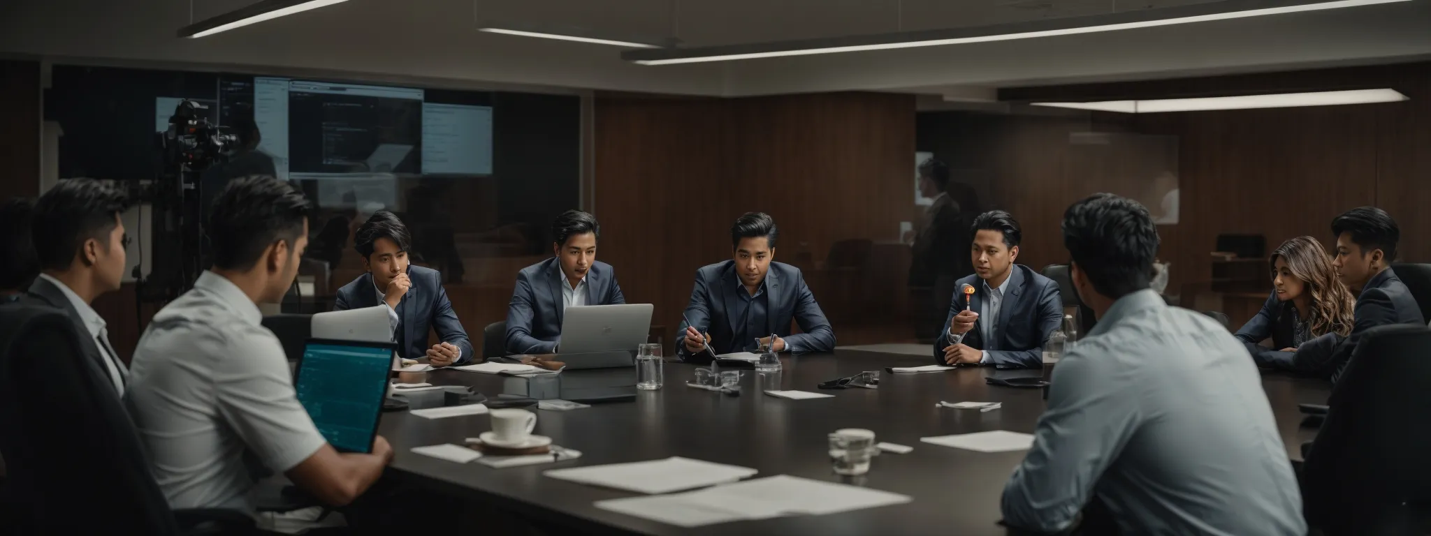 a group of professionals sits around a conference table, strategizing over a digital marketing plan displayed on a large monitor.