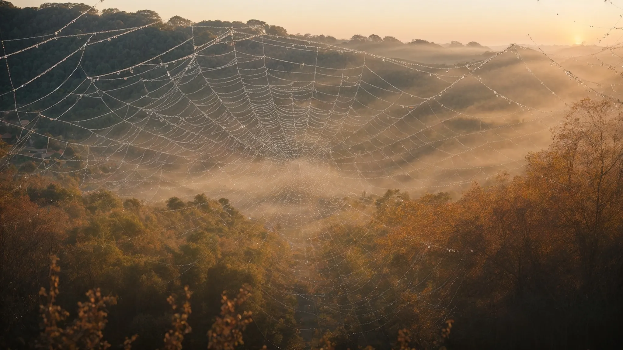 a panoramic view of a vast network of interconnected spiderwebs glittering with dew in the soft light of dawn.