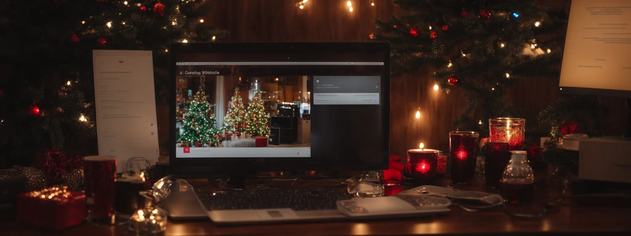 a festive-themed workstation with a computer displaying an email campaign and a bell notification icon indicating marketing success.