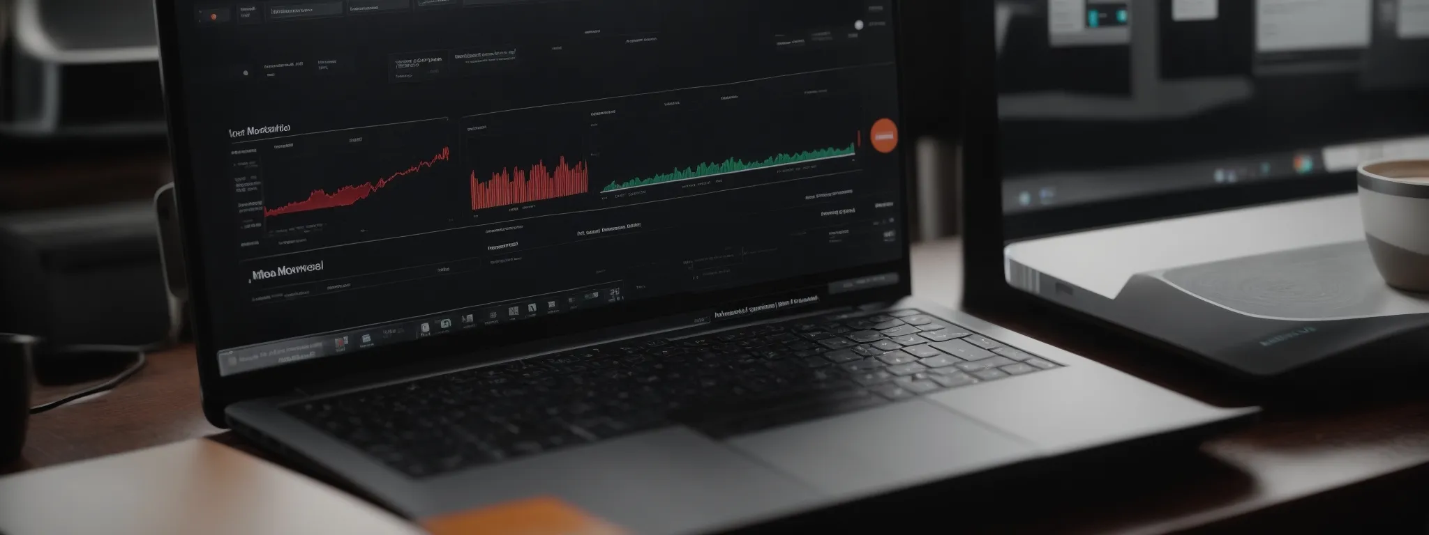 a laptop with analytics dashboard showing website domain authority metrics alongside a progress graph.
