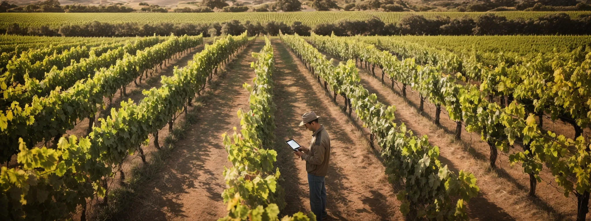 a vineyard stretched out under the golden sun, with a winemaker using a tablet among the rows of grapevines.