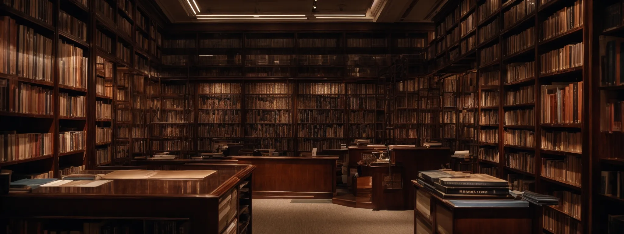 a library with books organized on shelves, symbolizing the structured yet limited reservoir of seo content knowledge.