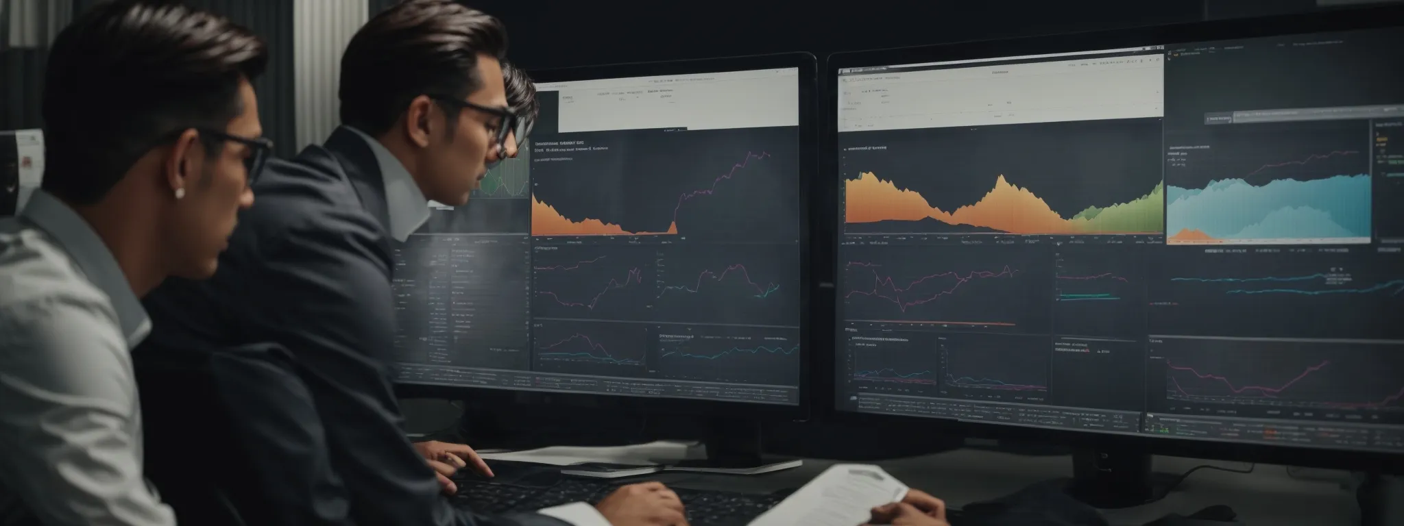 a marketing team scrutinizing graphs and charts on a computer screen, analyzing the traffic growth of their website post-influencer collaboration.