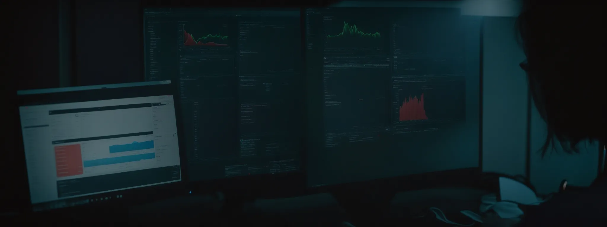 a person examining a detailed analytics dashboard on a computer screen, reflecting a professional environment.