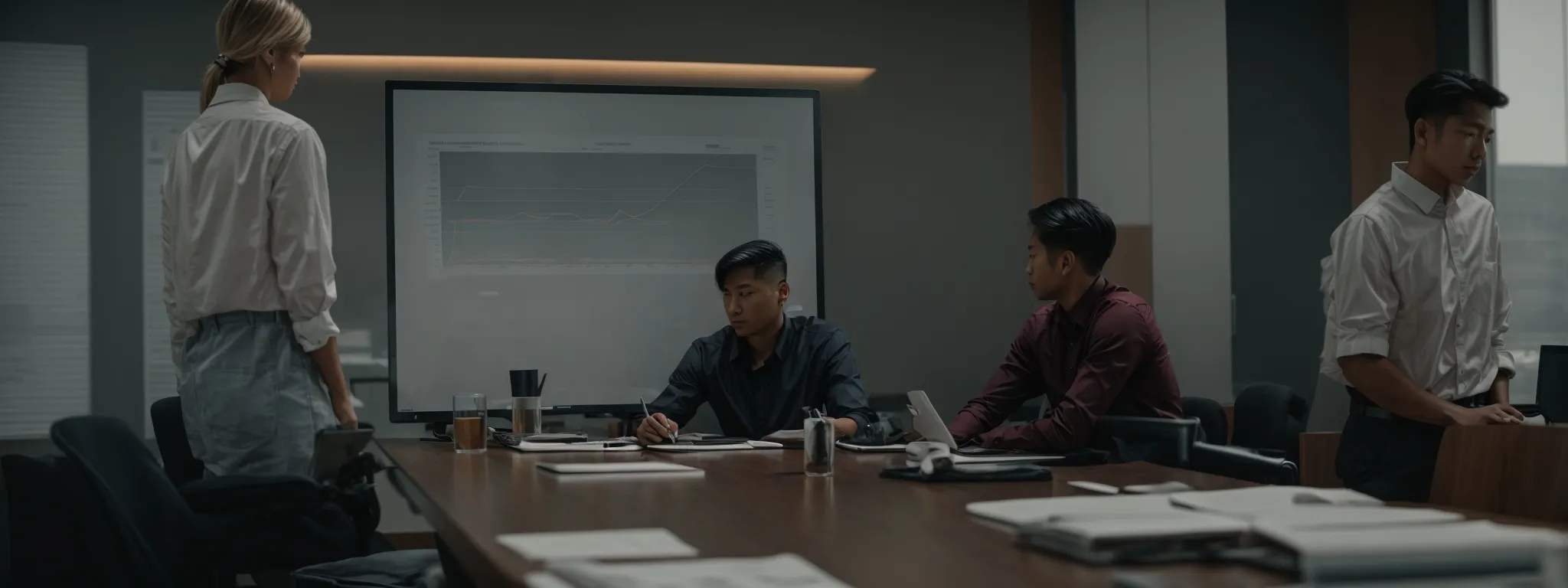 two professionals sit side by side at a conference table, analyzing graphs on a shared computer screen in a modern office setting.