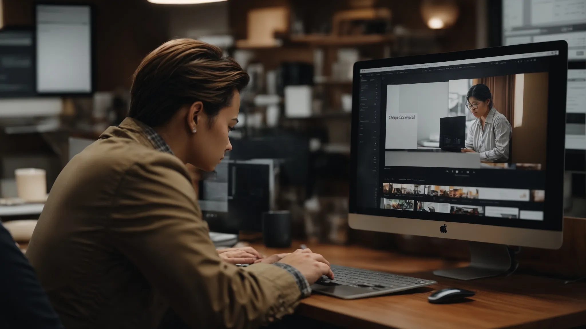 a local business owner scrutinizes a computer screen displaying a website editing platform amidst a cozy office setting.