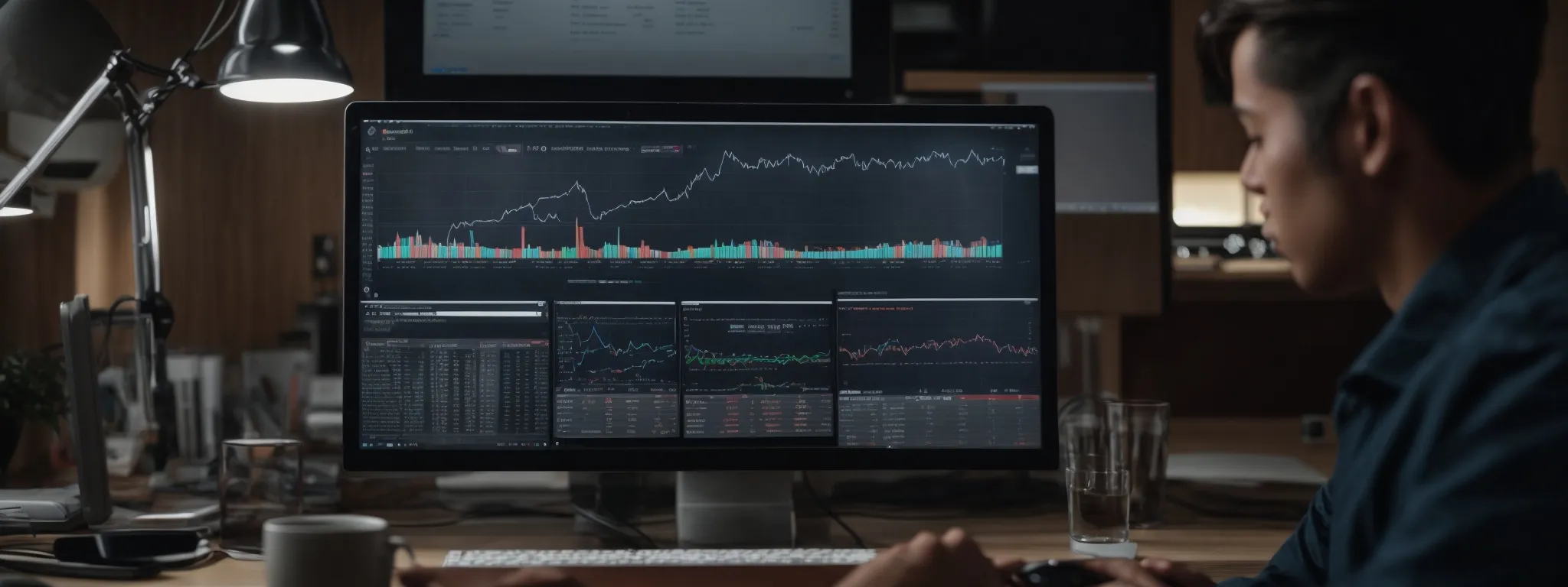 a person at a desk with multiple computer screens displaying website analytics and seo tools.