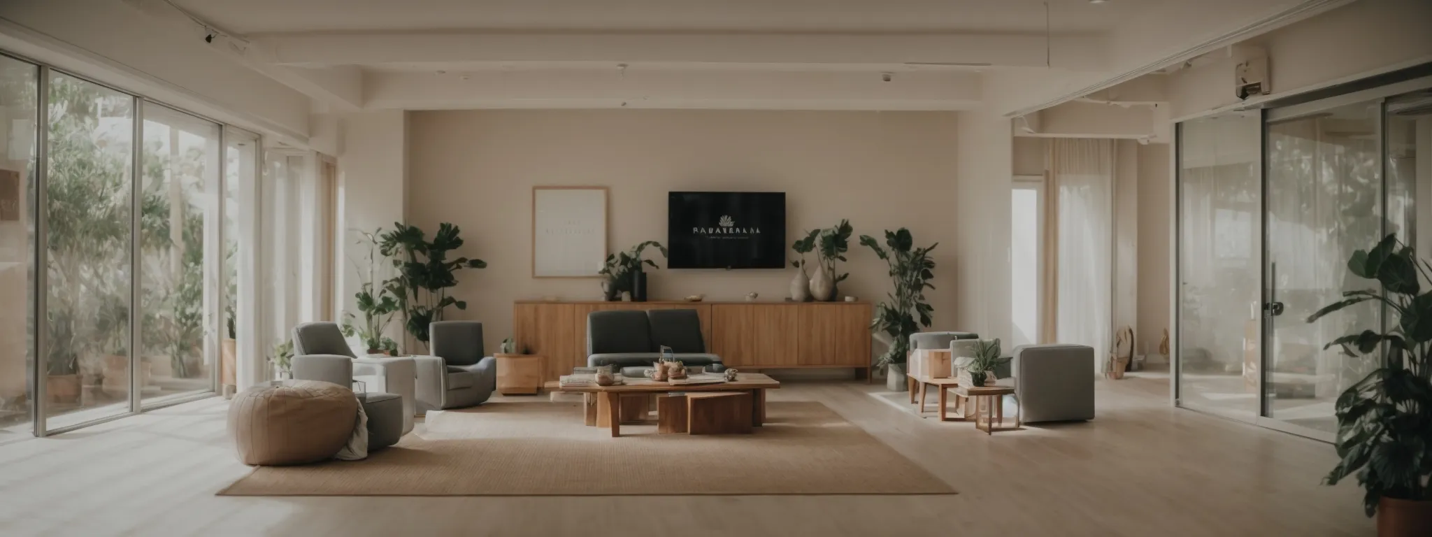 an image of a serene yoga studio reception with a computer showing a search engine on the screen, set amidst a backdrop of calming, neutral colors and simple, elegant décor.