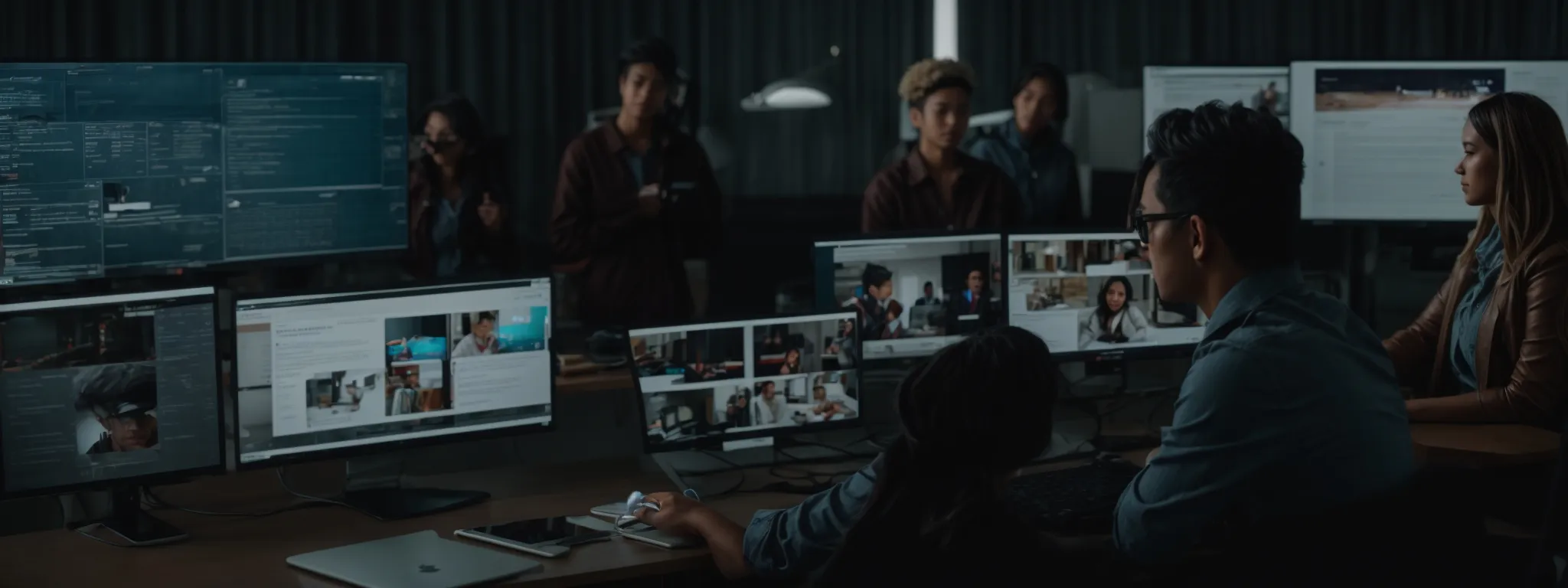 a group of individuals participating in a virtual conference on their laptops with an seo analytics dashboard open on their screens.