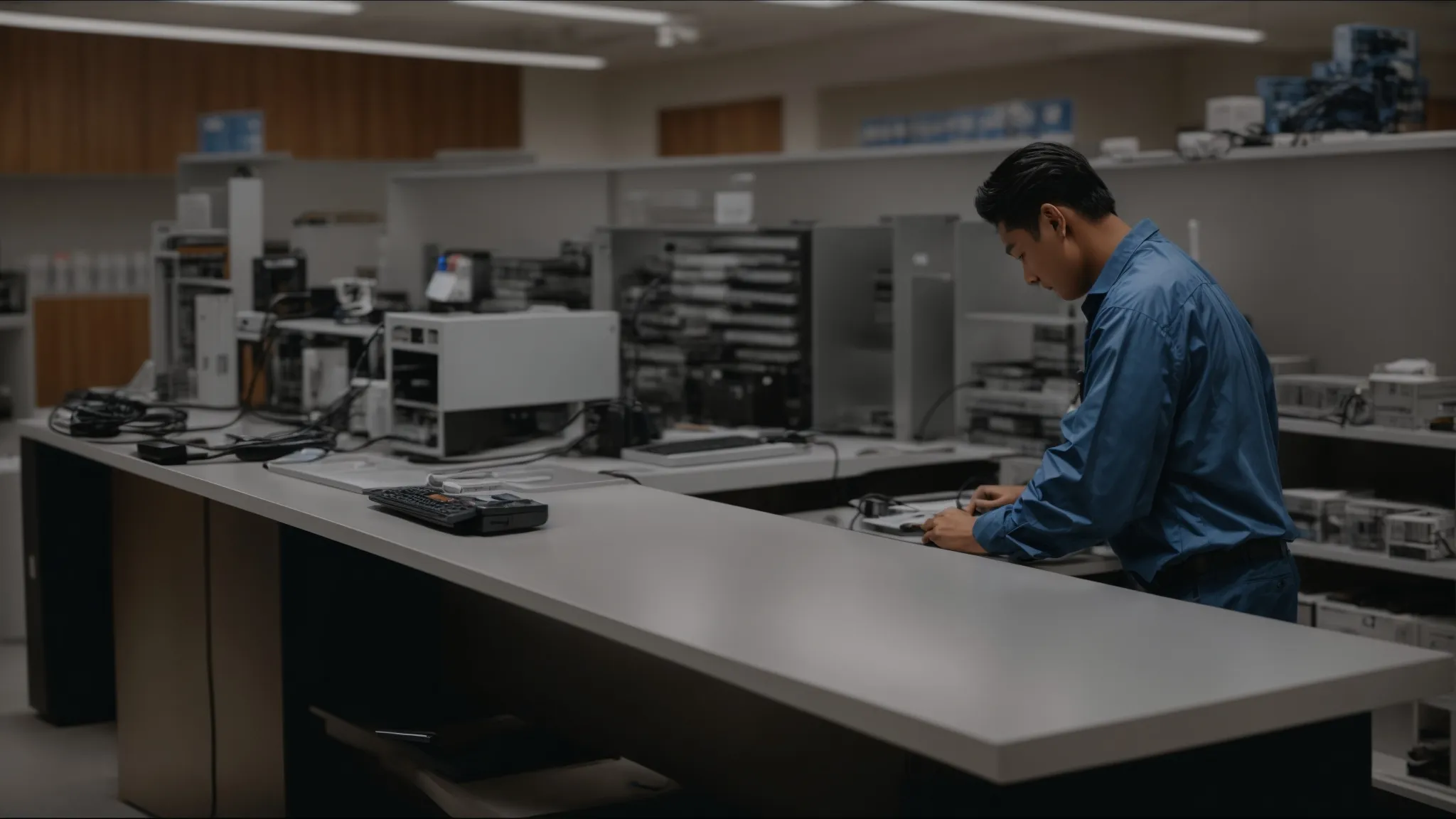 a person stands at a computer repair service counter as a technician evaluates a computer behind the desk.