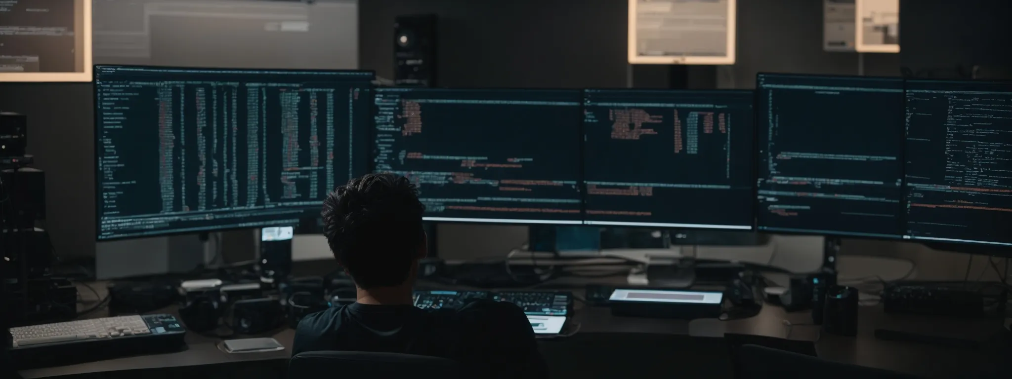 a web developer sitting in front of a dual-monitor setup, intently reviewing complex javascript code within a feature-rich integrated development environment.