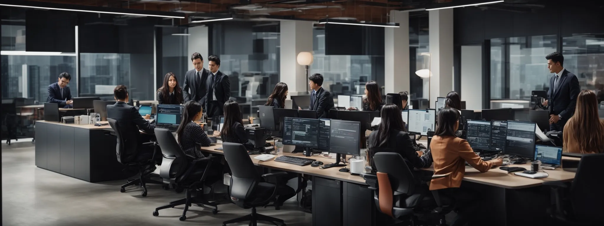 a team meeting around a sleek, modern desk with computers displaying vibrant website designs, set against a backdrop of a bustling, tech-driven office environment.