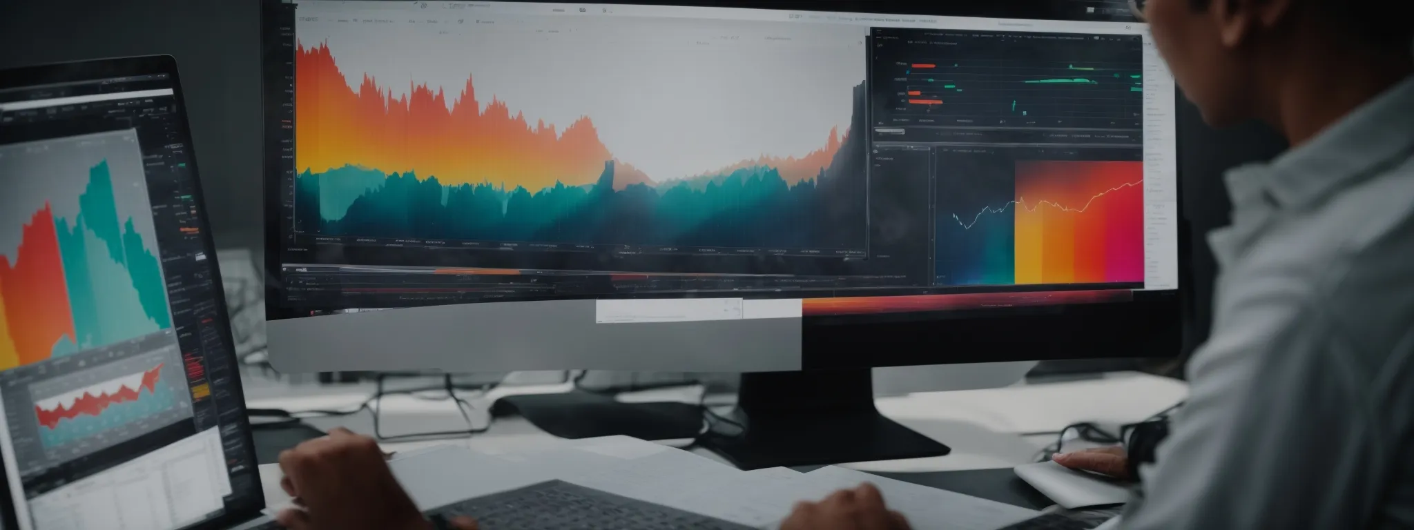 a person analyzes colorful graphs and charts on a computer screen, reflecting a deep dive into website analytics.