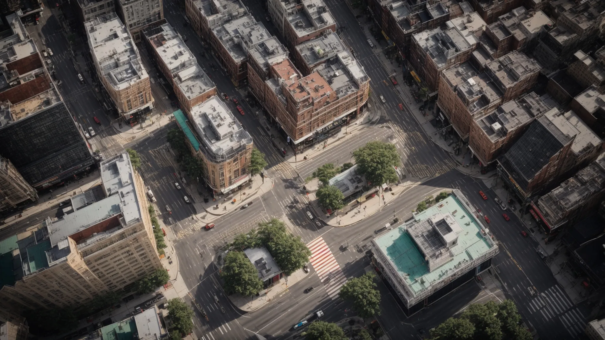 a bird's eye view of a bustling city intersection with integrated map overlays highlighting local businesses.