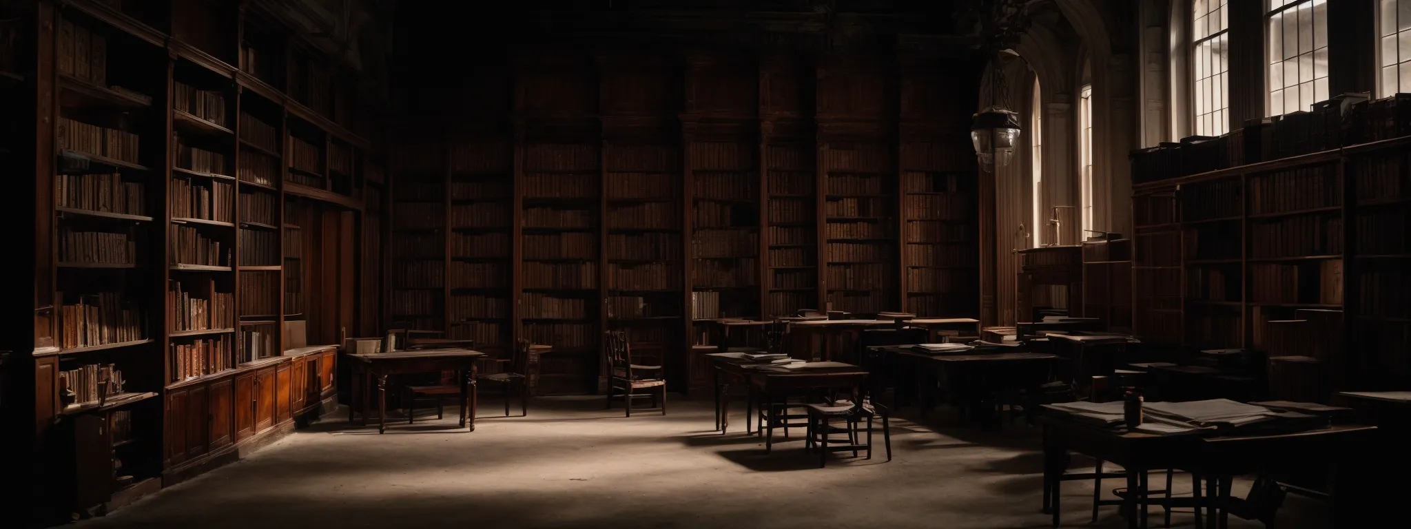 an old library with empty shelves gathering dust in a dimly lit room, symbolizing the closure of a once-critical source of information.