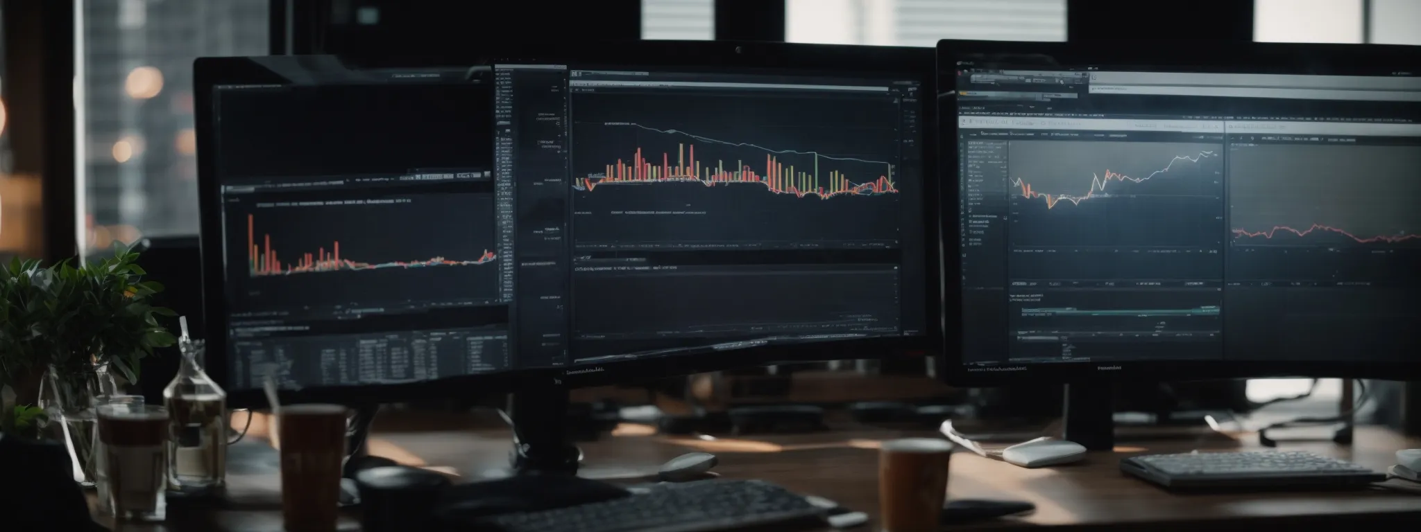 a marketer sits before a computer screen displaying graphs of website traffic and search rankings.