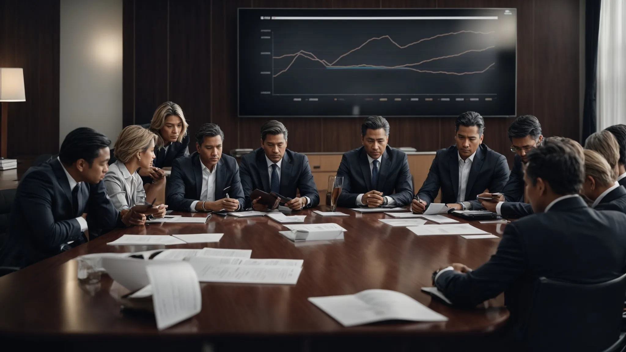 a boardroom with a diverse team of professionals intently focused on a market analysis report spread out on a table.