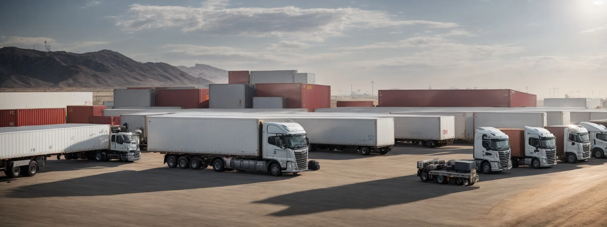 trucks at a logistics hub powered by alternative energy with solar panels in the background.