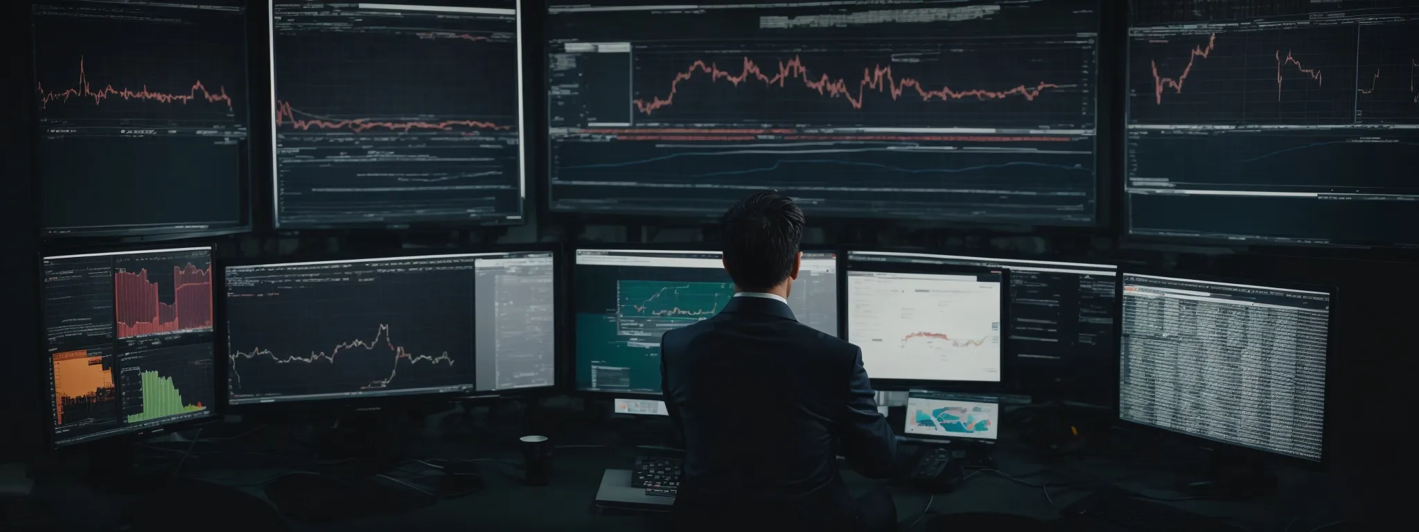 a person sitting at a computer analyzing complex data charts that represent website traffic and search engine rankings.