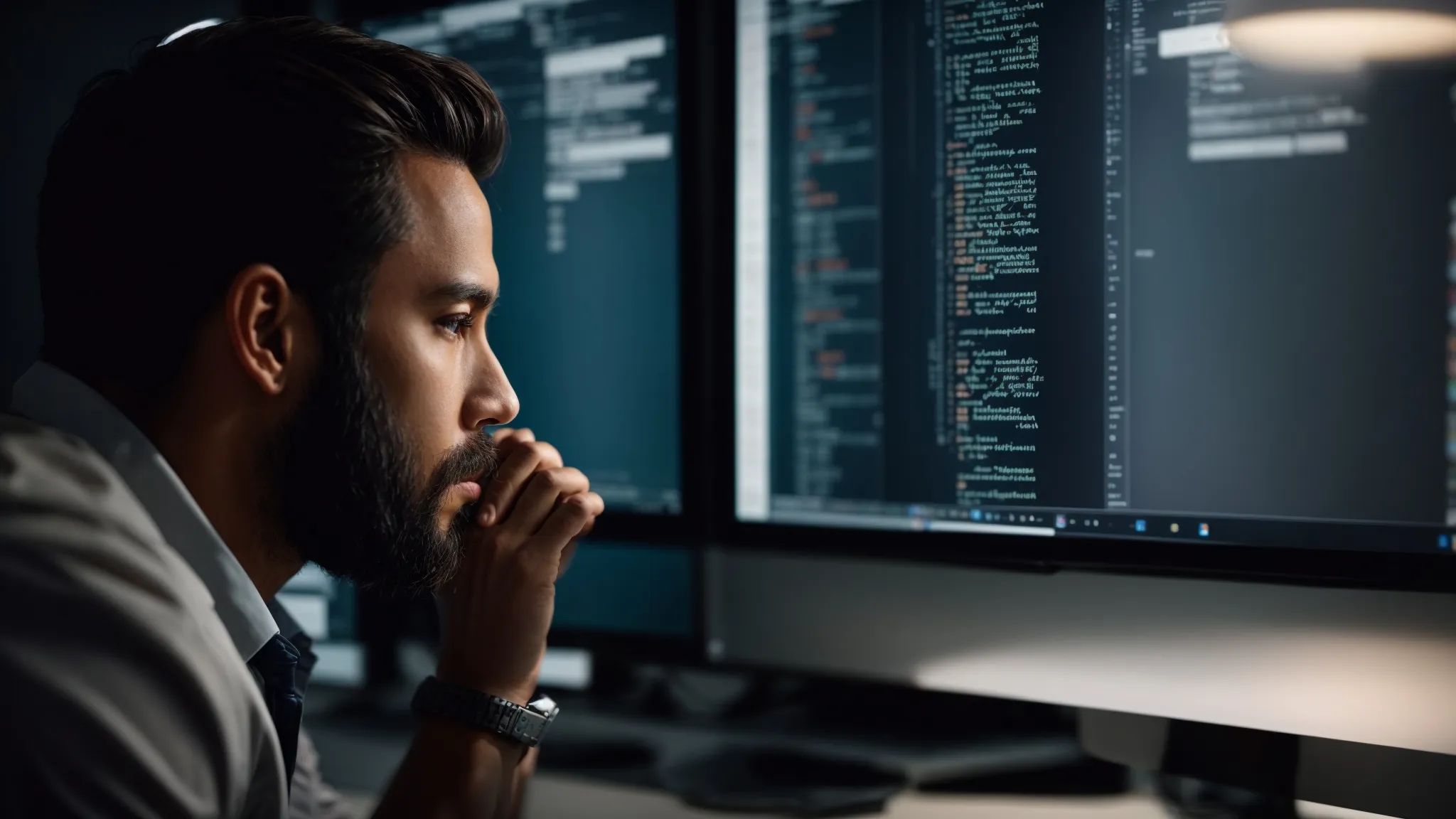 a web developer is intently scrutinizing code on a computer screen in a well-lit office.