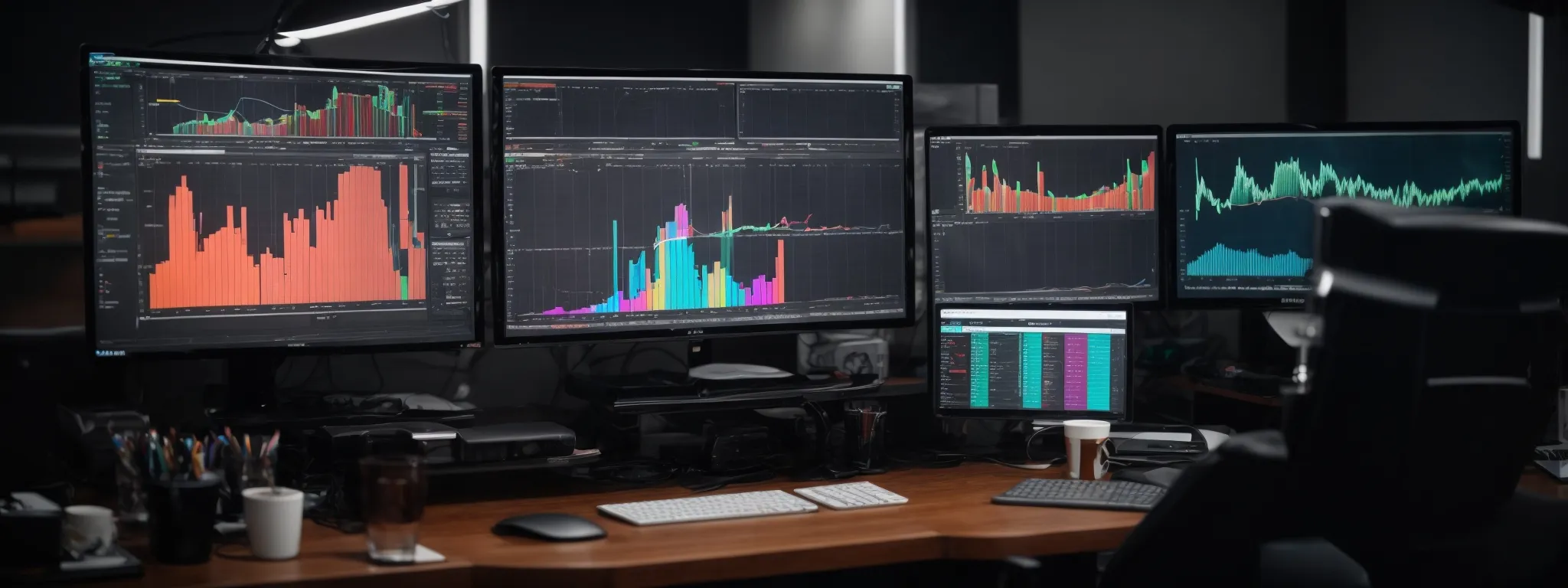 a person sits at a modern desk with dual monitors displaying colorful graphs and analytics, indicating active strategy planning for video seo optimization.
