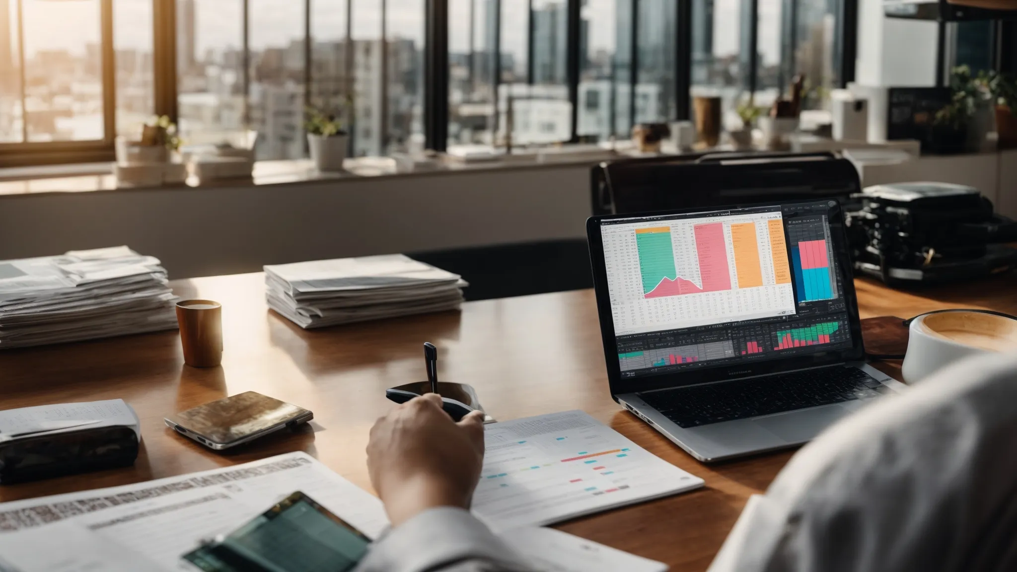 a person sitting at a desk with an open laptop, displaying intricate excel spreadsheets filled with organized data and colorful charts.