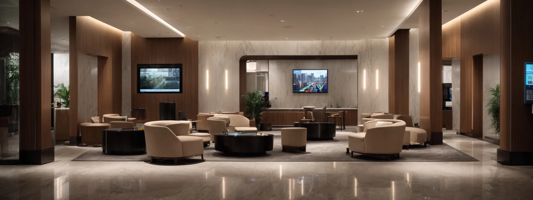 a sleek hotel lobby featuring interactive touchscreens and a robotic assistant greeting guests.