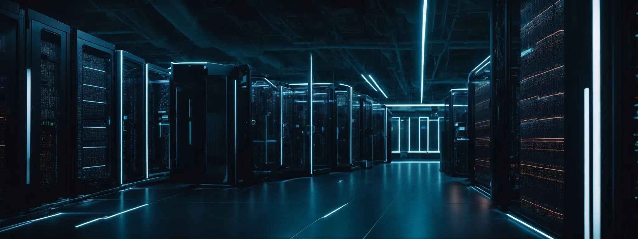 a futuristic data center with rows of servers and glowing lights representing the digital infrastructure of the web.