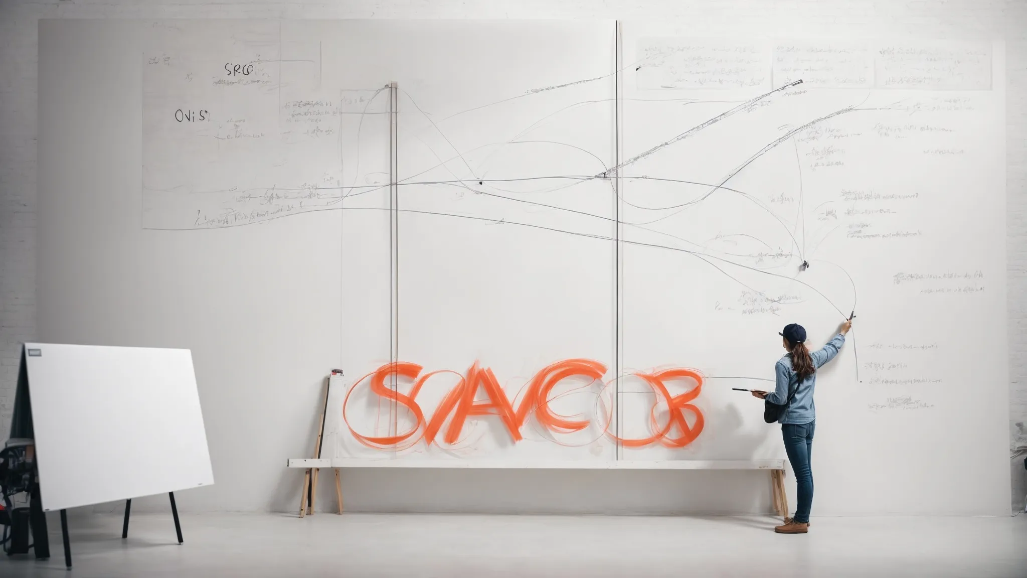 a person drawing a large scale with "seo" on one side and "ppc" on the other, balancing them equally on a whiteboard.