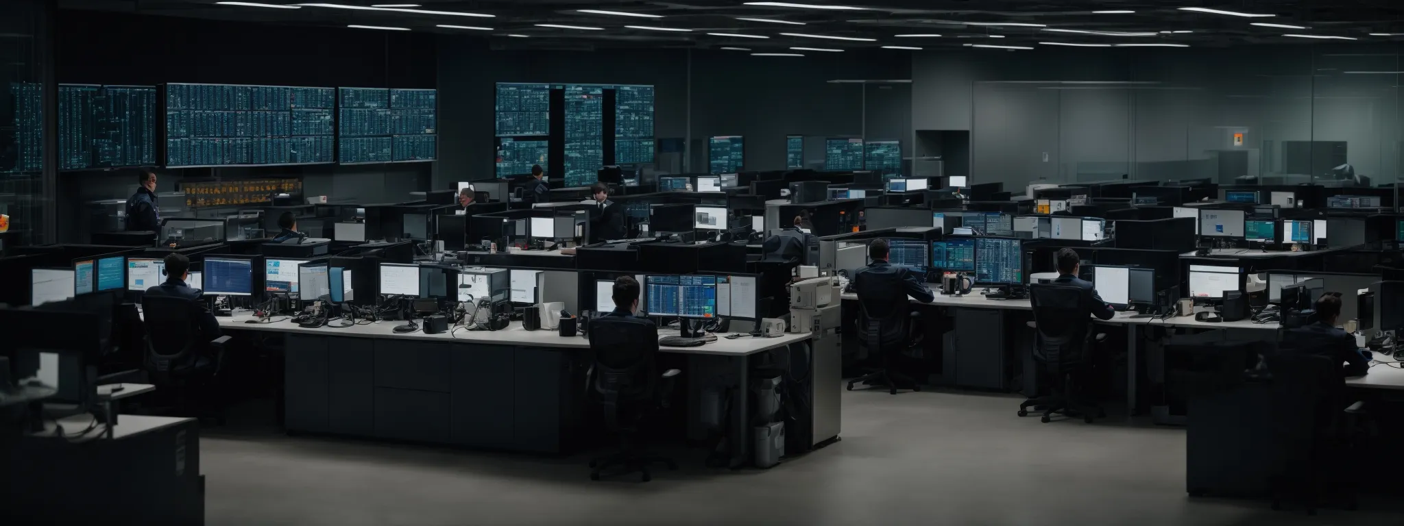 a secure facility with a guard consulting a team of it professionals at a network operations center.