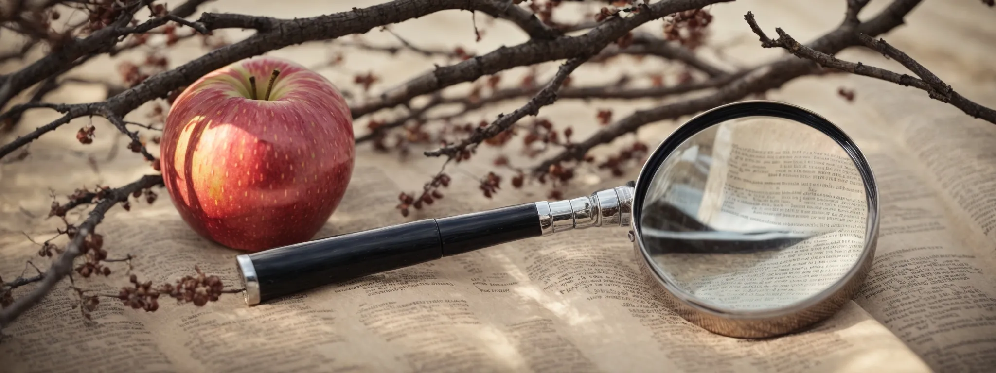 a magnifying glass held over a background of blurred web pages, focusing on a bright, ripe apple amidst a tangled network of branches.