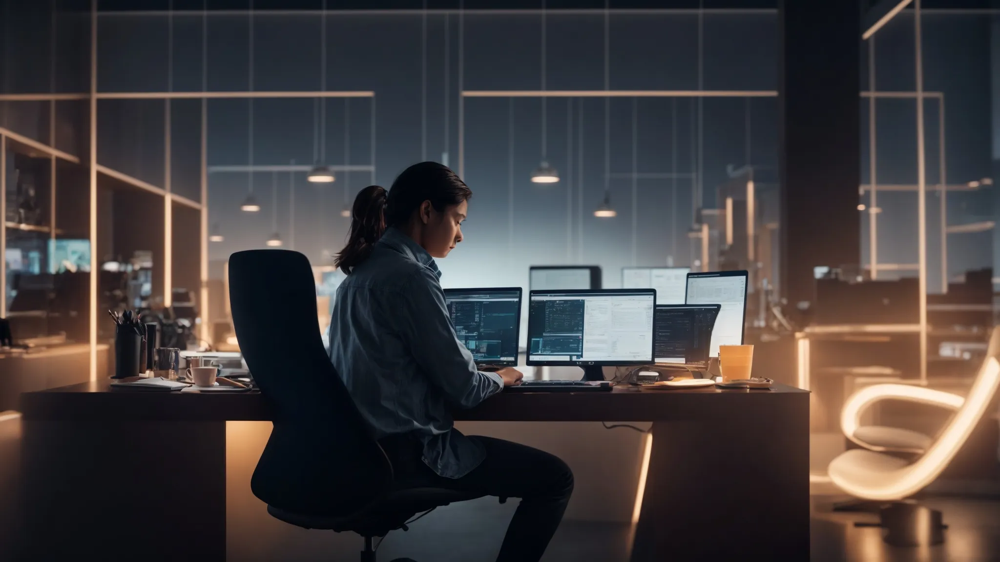 a person sits intently at a modern workspace, surrounded by high-tech devices, typing at a sleek computer under the soft glow of ambient lighting.