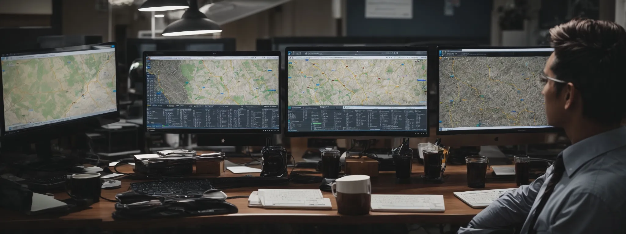 a person sitting at a desk with multiple computer screens displaying website analytics and a map highlighting local businesses.