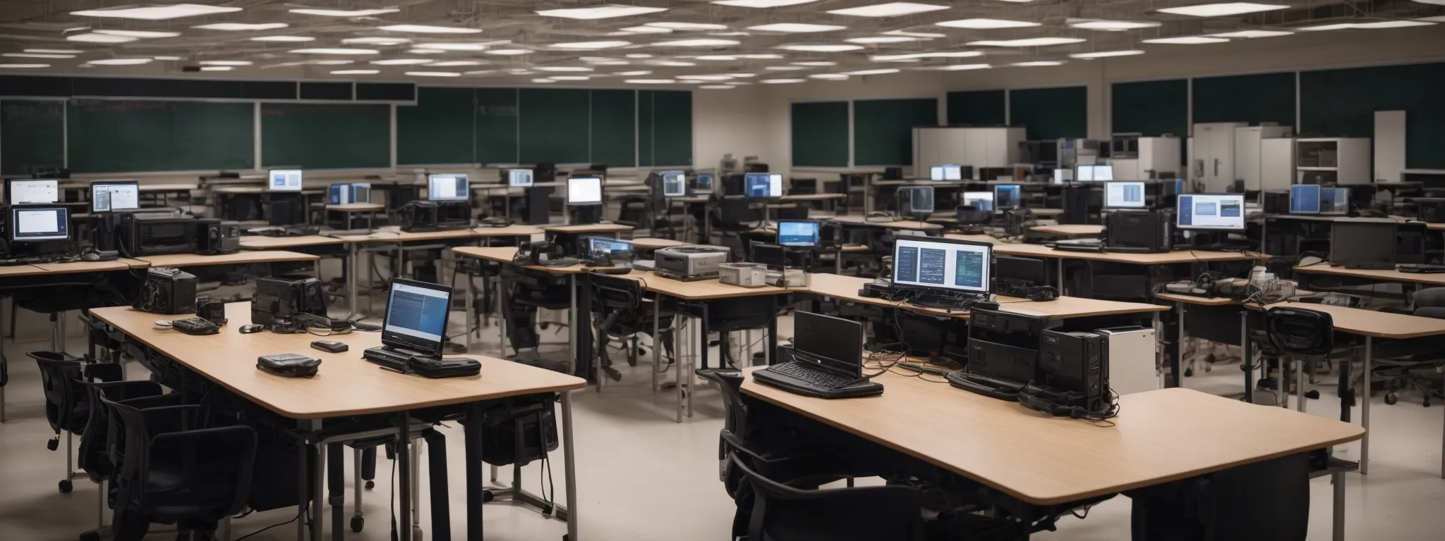 a wide-angle view of an empty modern classroom projecting growth potential, featuring rows of desks equipped with computers ready to integrate a scalable learning management system.