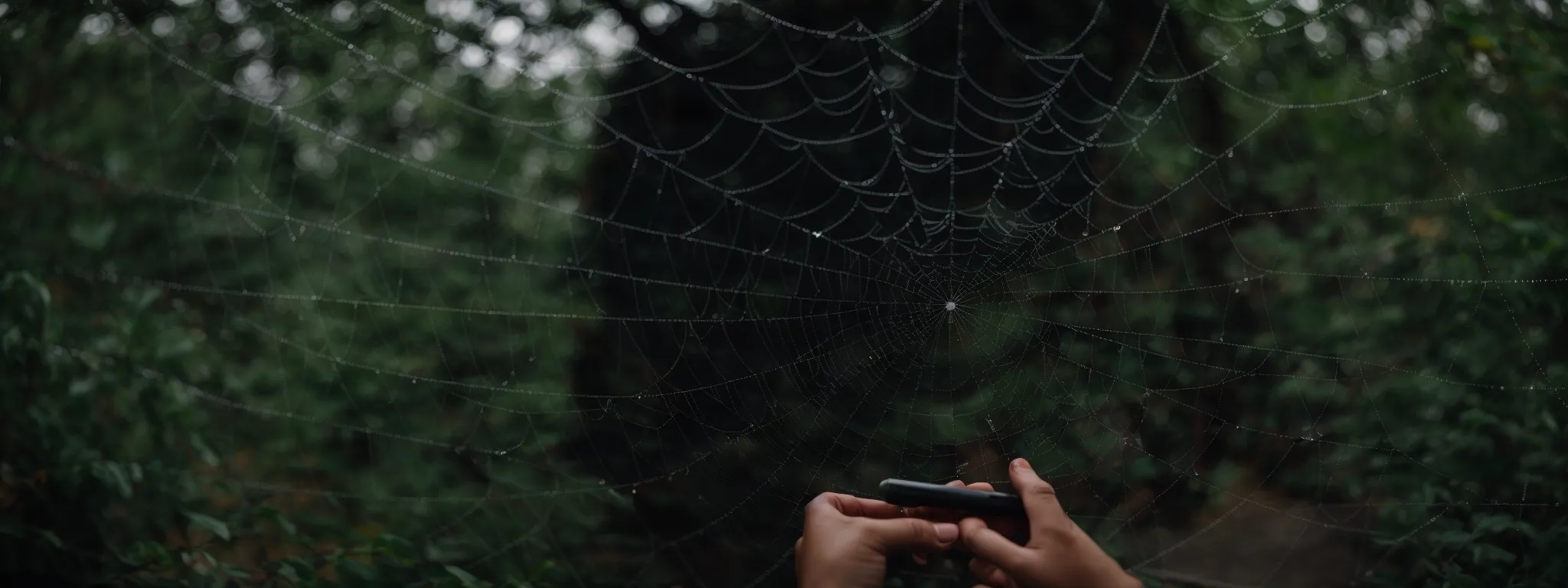 a person studying an intricate spider web, symbolizing the complex interconnectivity of seo strategies.