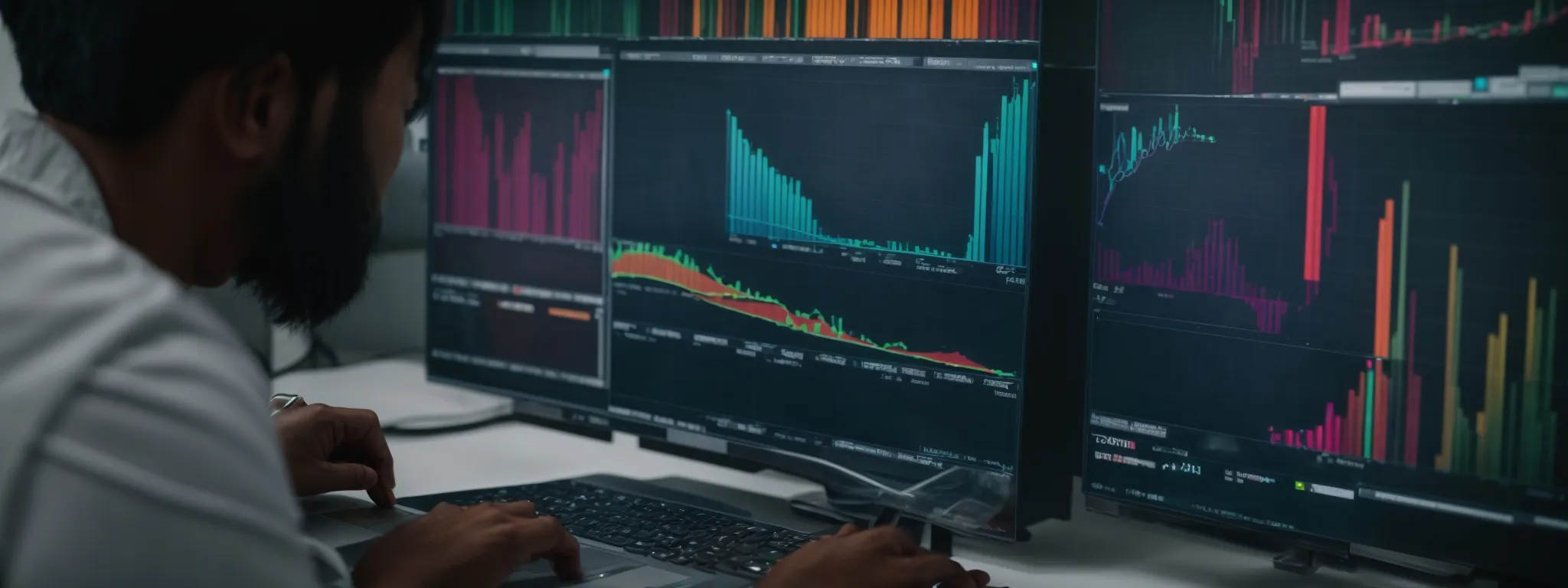 a person analysing data on a computer screen displaying colorful graphs and seo metrics.