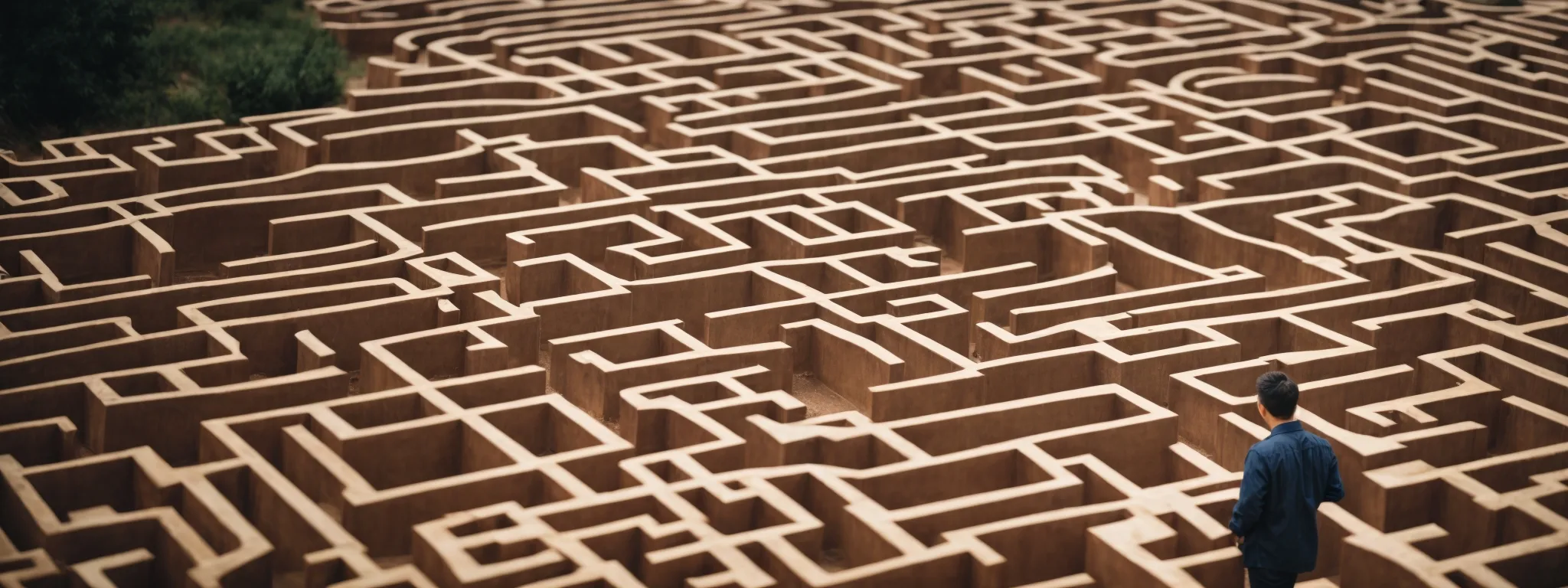 a cautious individual scrutinizing a complex maze signifies the careful navigation required in the deceptive world of seo.