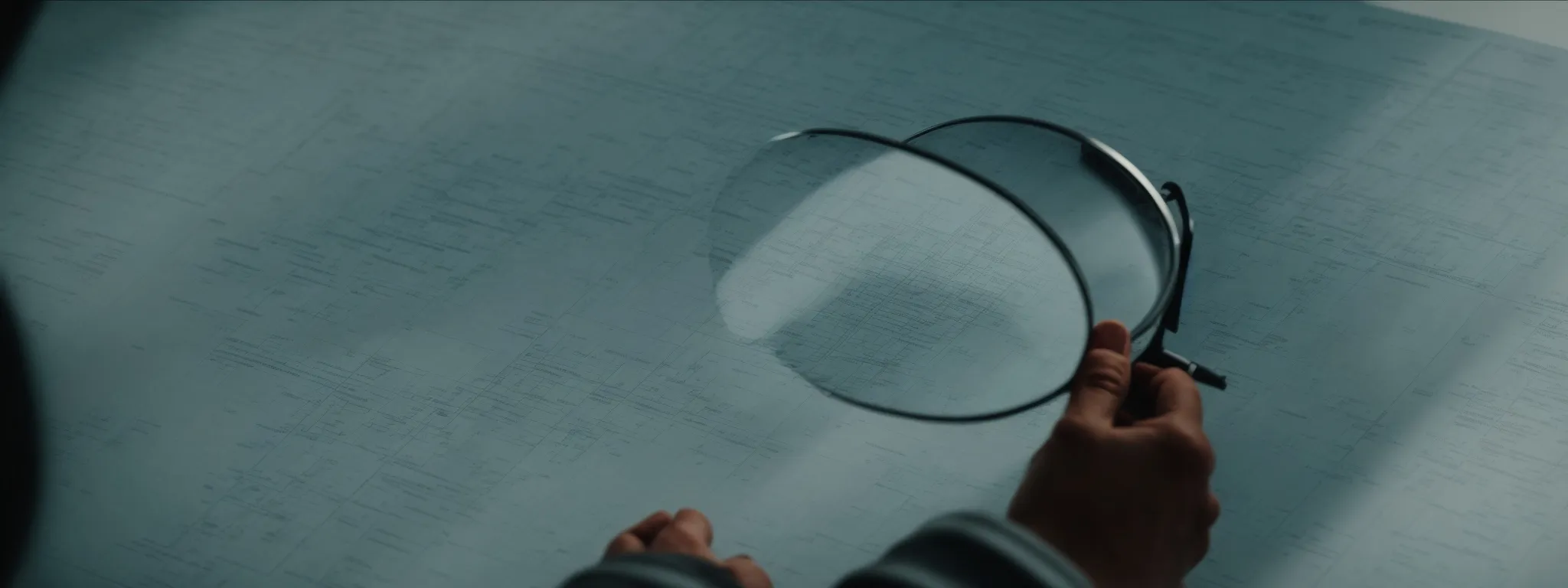 a person examining a detailed blueprint or a magnifying glass hovering over a web page layout.