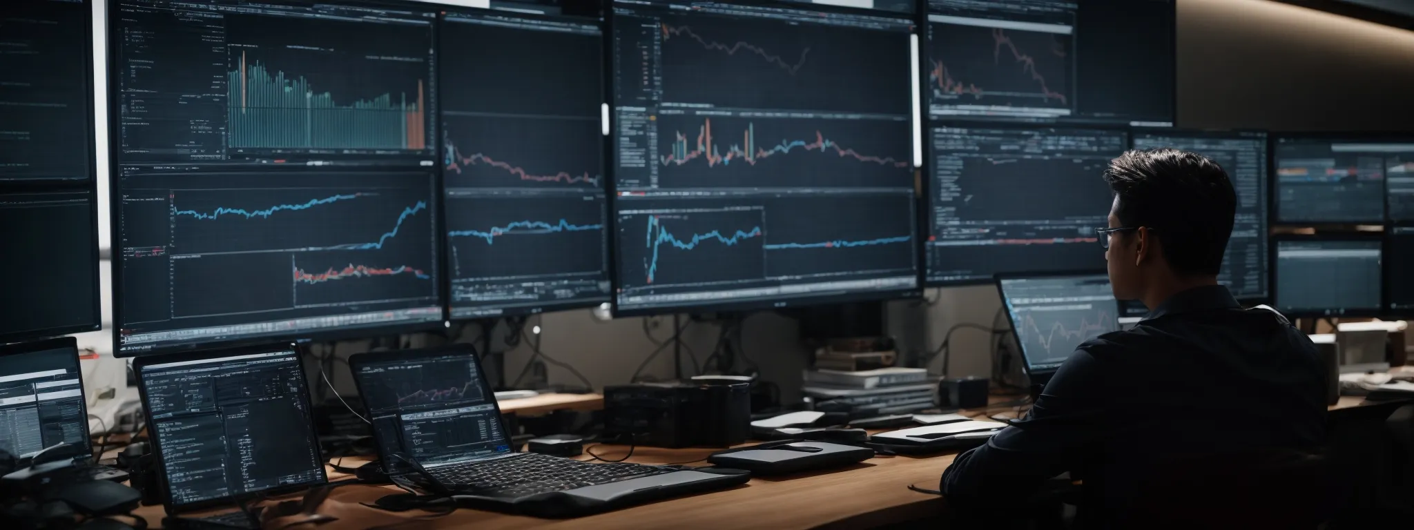 a person sitting at a desk with multiple computer screens, analyzing graphs and charts related to website traffic.