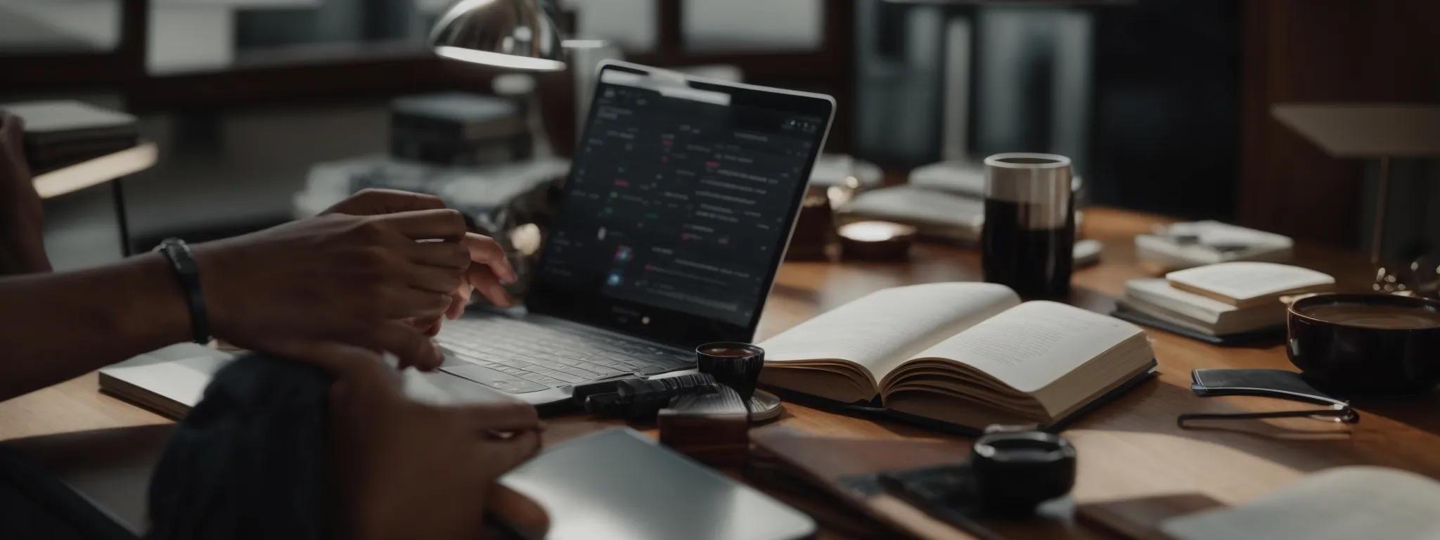 a person typing on a laptop, surrounded by open books and a smartphone displaying analytics.