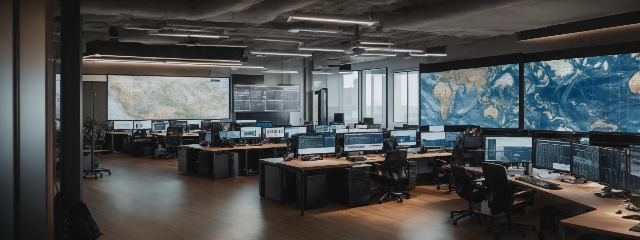 a modern office with multiple large screens displaying analytics and world maps, indicative of a bustling digital marketing agency focused on global seo strategies.