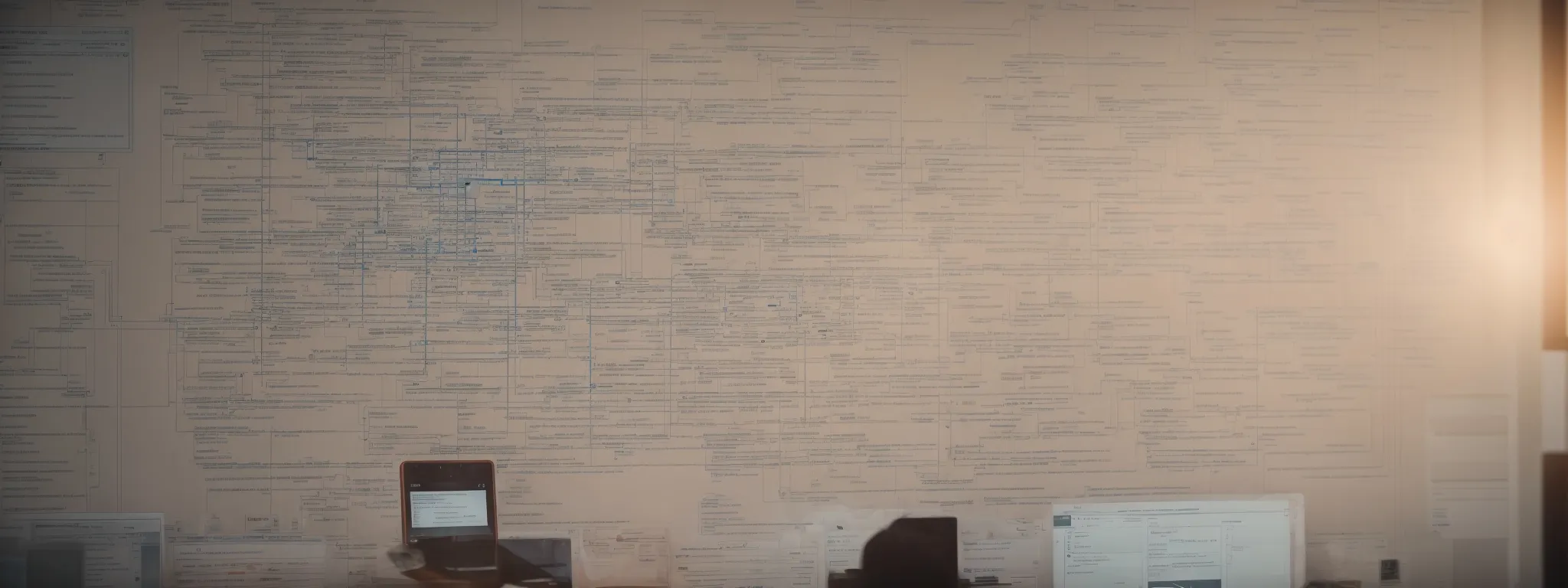 a web developer analyzes a complex flowchart that outlines the structure of a website's internal links.