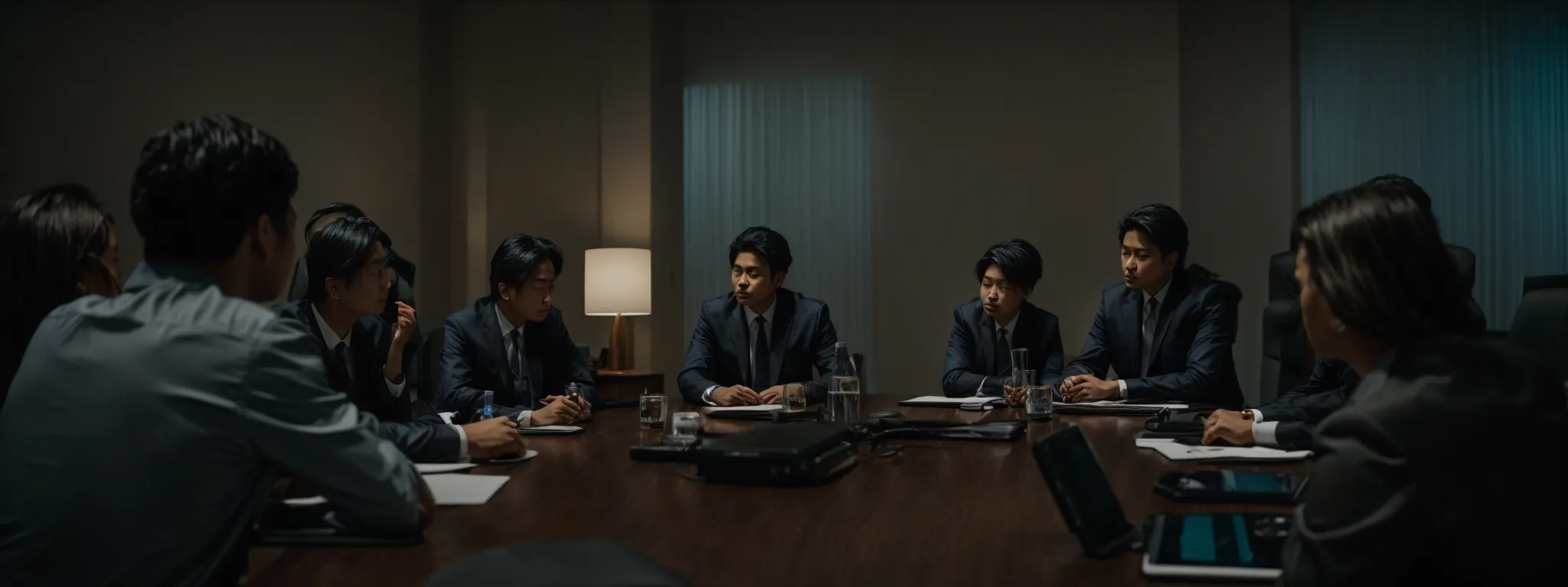 a group of professionals sit around a large conference table, intensely discussing strategies under the glow of computer screens.