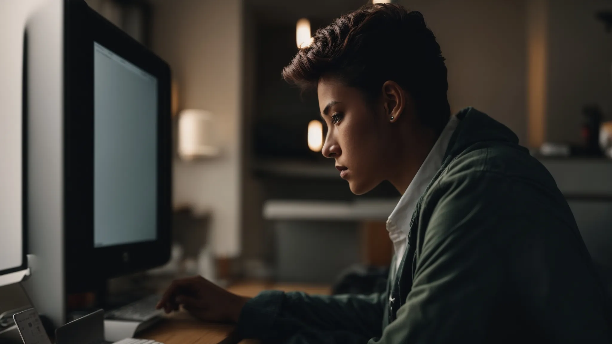 a person stares intently at a computer screen, carefully filling out an online form.