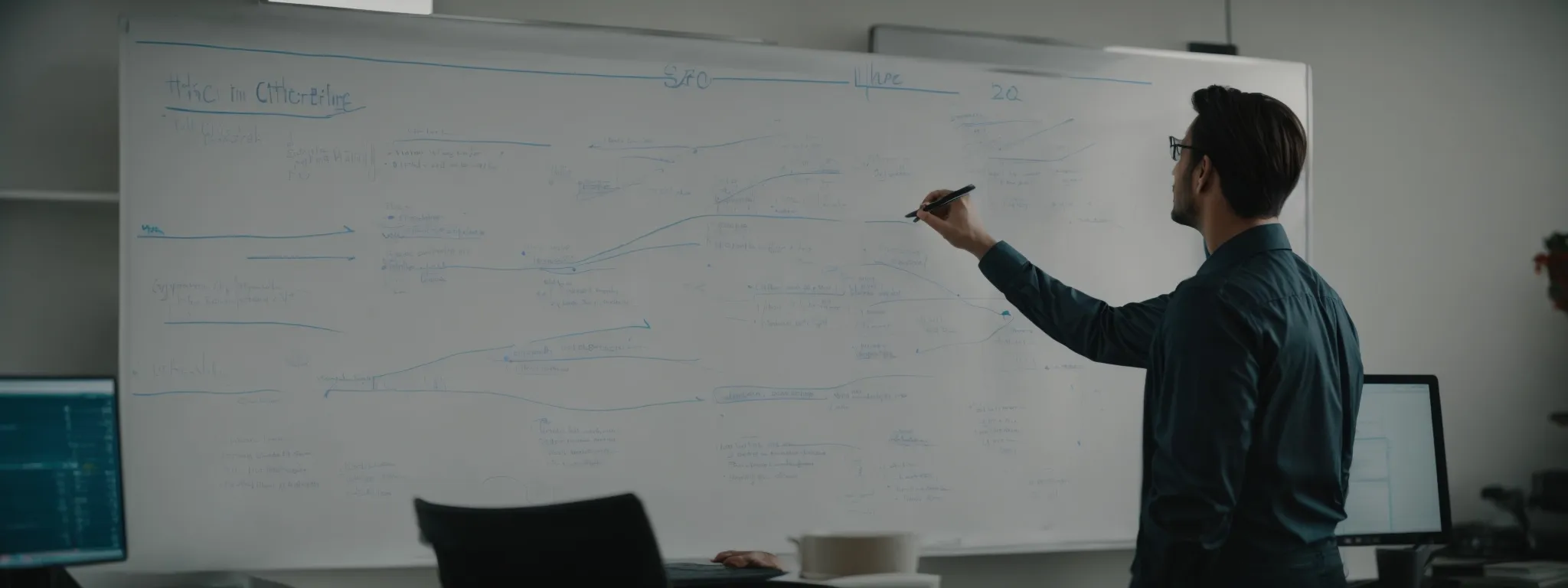 a content strategist brainstorming a future-oriented seo plan on a whiteboard amidst a high-tech office setting.