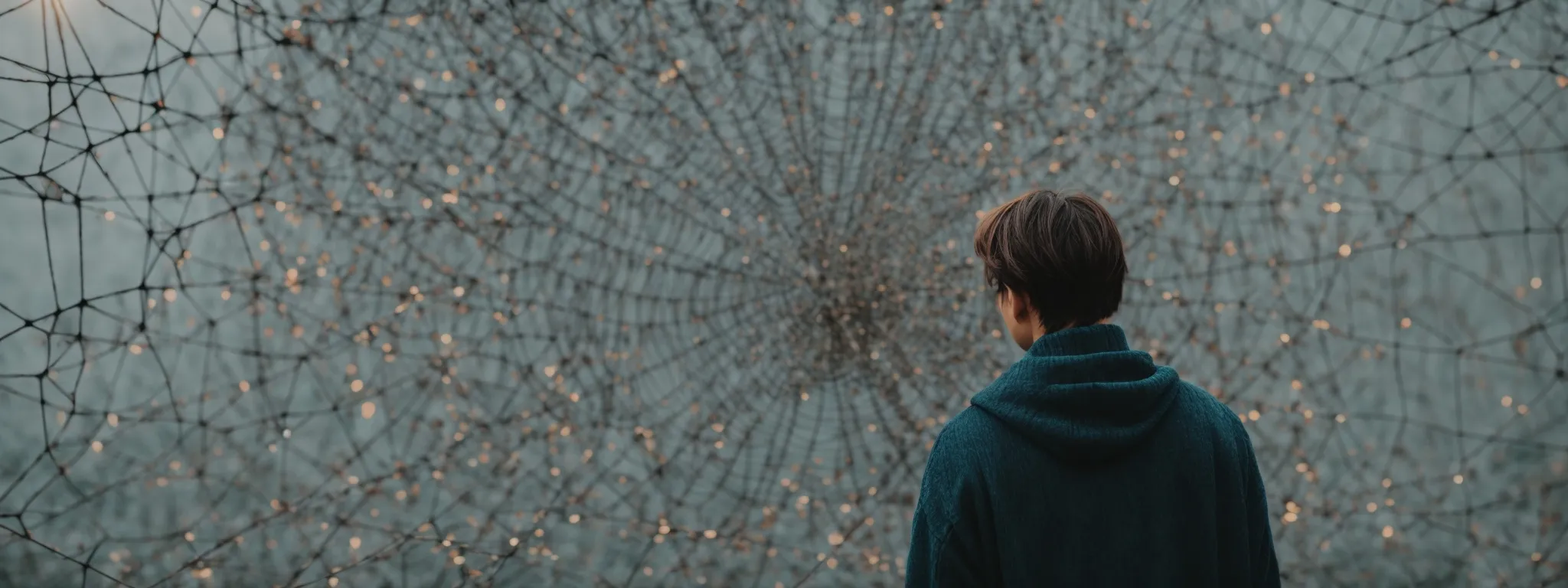 a person standing perplexedly in front of a complex web of interconnected points symbolizing seo rankings being impacted by a website redesign.