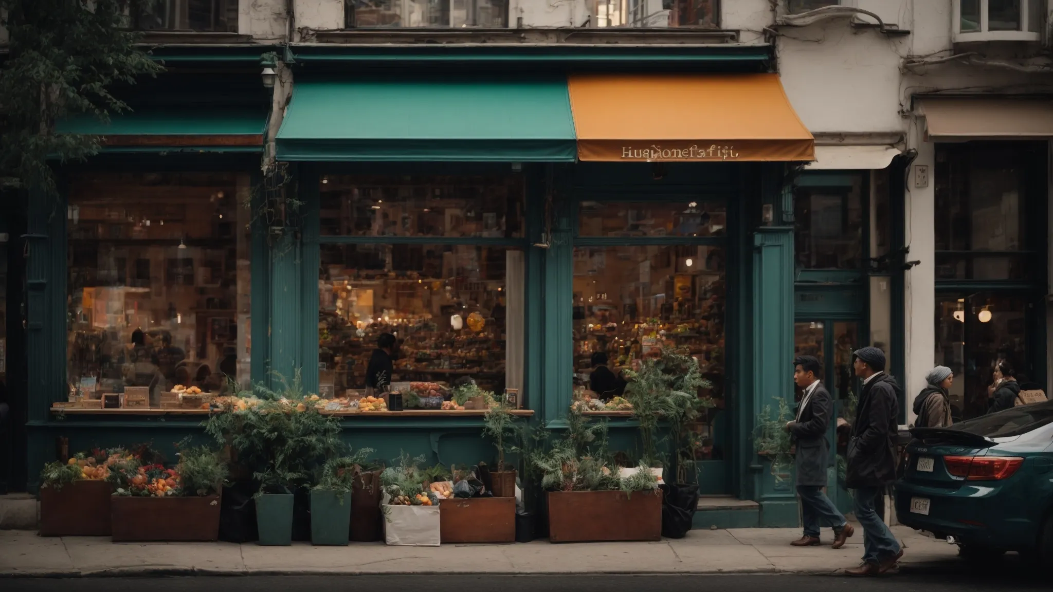 a bustling street view featuring diverse storefronts attracting passersby with vibrant shopfront displays.