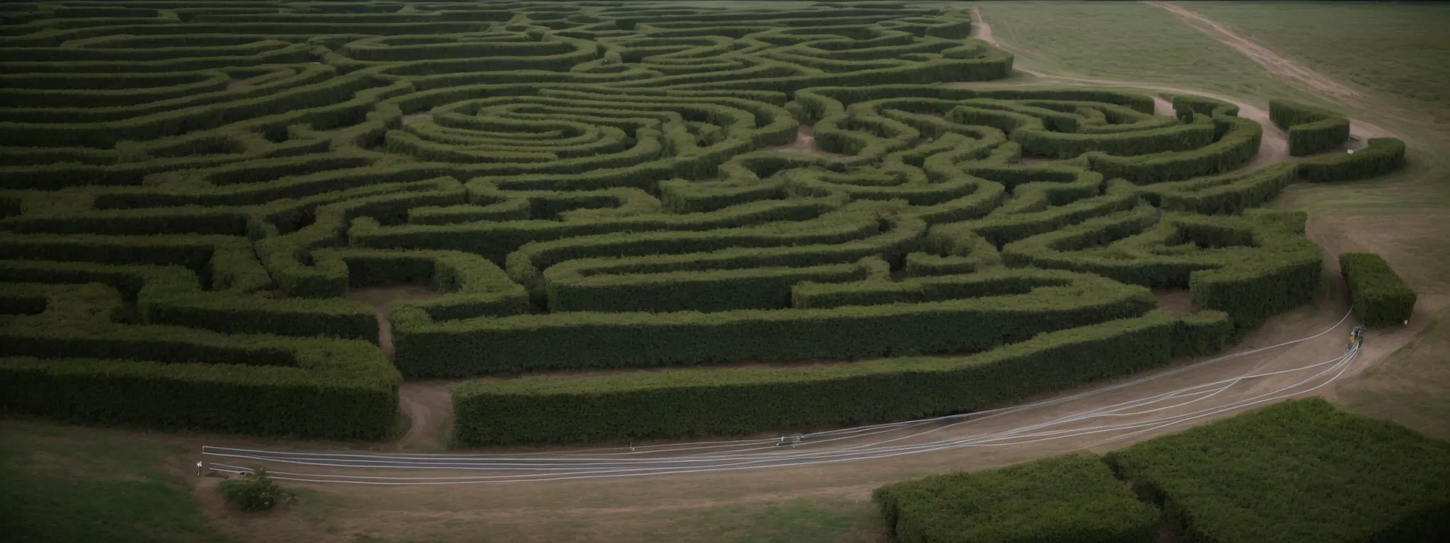 a labyrinth with a finish line ribbon, alluding to the competitive and often unethical race for seo dominance.